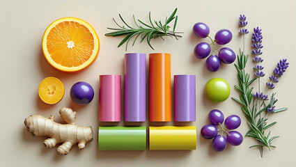Vibrant Still Life of Fruit Herbs and Abstract Elements on a Neutral Background Composition