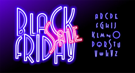 Purple neon alphabet, glowing linear letters, vibrant retro font for Black Friday banner, store ad sign, sale poster, online shopping promo. Luminous typographic design. Vector typeset