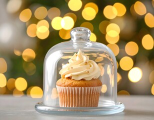 Single vanilla cupcake with golden sprinkles under glass dome on wooden base with warm blurred fairy lights in festive background
