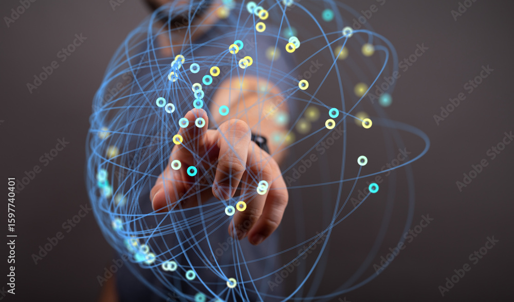 Poster abstract image of a hand interacting with a digital network sphere, representing global connectivity