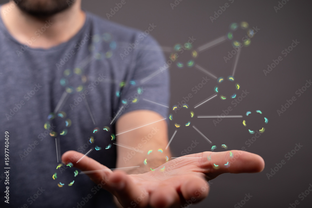 Poster image of a man's hand displaying a network connection graphic. ideal for technology, networking, and