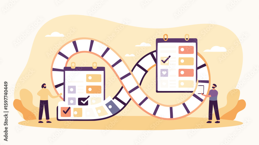 Aufkleber illustration of two people with checklists and an infinity loop path representing workflow process
