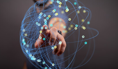Abstract image of a hand interacting with a digital network sphere, representing global...