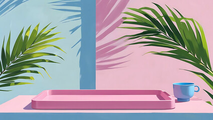 Vibrant Tropical Display with Palm Leaves Pink Tray and Blue Cup A Dreamy Summer Aesthetic Ideal for Product Presentation
