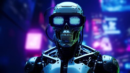Cybernetic skull robot in glowing neon city lights - Powered by Adobe