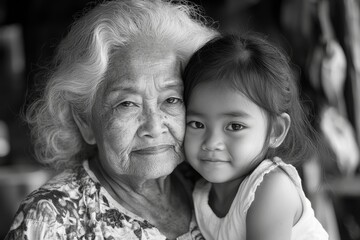 Cute girl  her head on her grandmother's knees, capturing a heartwarming moment of intergenerational bonding and affection, Generative AI