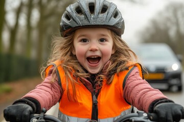 Portrait of an excited little girl in a reflective vest riding a bike on the road with a car behind her. This image promotes road safety education for children and the importance, Generative AI