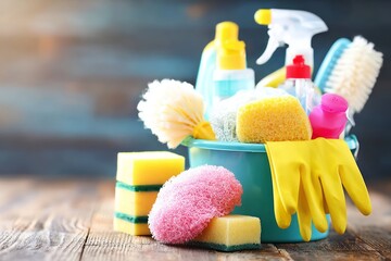 Cleaning supplies, sponges, gloves, spray bottle on a wooden table against a dark background. Clean house work concept