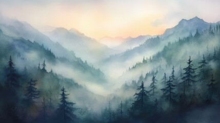 Obraz premium A soft watercolor landscape painting of a peaceful countryside at sunrise, warm orange and yellow tones blending smoothly