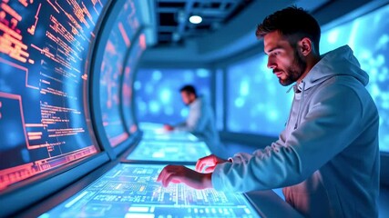 Two individuals engaged in advanced data analysis within a futuristic tech environment, illuminated screens - Powered by Adobe