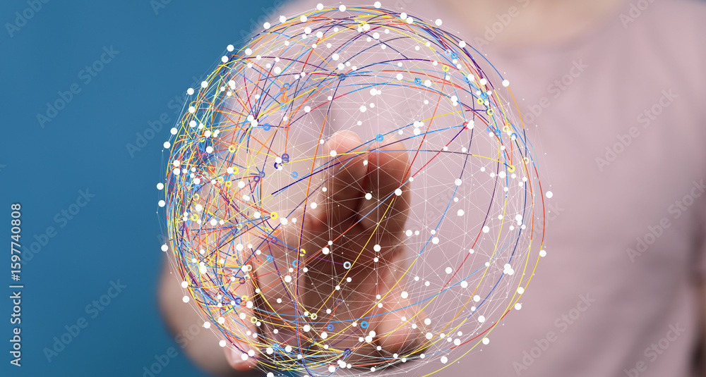 Poster abstract image of a hand interacting with a digital sphere representing global network connections a
