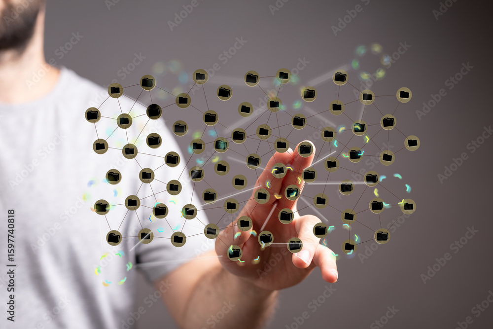Poster hand interacting with a network of digital files, representing data sharing or cloud storage.