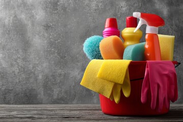 Cleaning supplies, sponges, gloves, spray bottle on a wooden table against a dark background. Clean house work concept