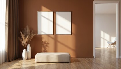 Modern interior with brown wall featuring two empty picture frames, beige ottoman, and dried pampas grass in vases. Sunlight creates shadows, casting a warm, inviting atmosphere in the room.