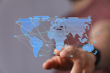 High-tech image of a digital world map showing global connections and data flow.