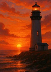 Lighthouse at sunset with ocean