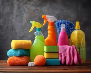Cleaning supplies, sponges, gloves, spray bottle on a wooden table against a dark background. Clean house work concept