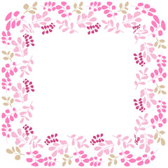 A beautiful decorative frame is filled with various shades of pink and soft gold leaves. This whimsical design creates a charming border suitable for invitations or artwork.