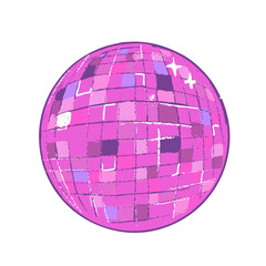 A bright pink disco ball hangs from the ceiling, surrounded by sparkling lights. The setting is an energetic dance party where people are enjoying the night in a festive atmosphere.