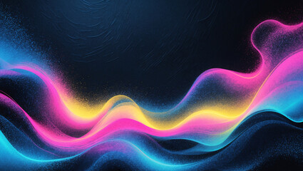 Luminous, wavy lines of pink, yellow, and blue against a dark, textured background base
