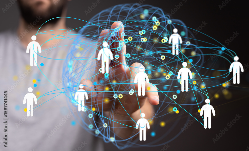 Aufkleber image of a hand interacting with a digital network, symbolizing global teamwork and collaboration.