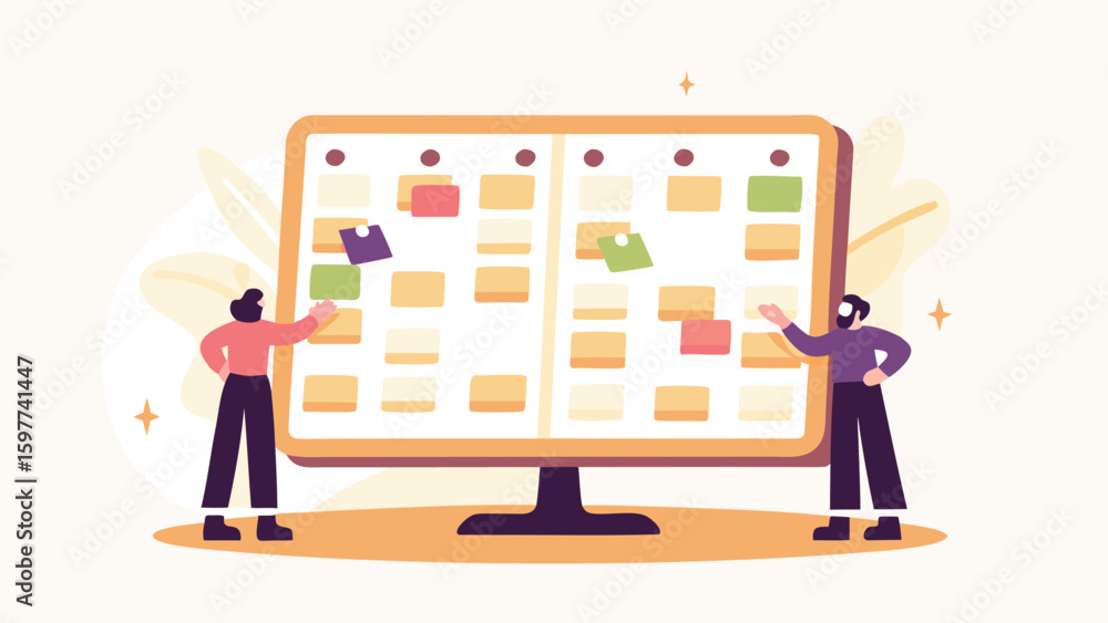 Poster two people standing by a large bulletin board covered with sticky notes and a table with a stand