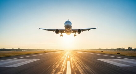 Fototapeta premium Airplane taking off at sunrise, runway perspective with golden light