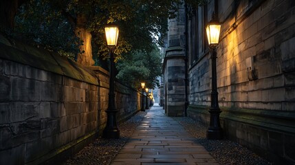 Fototapeta premium Quiet evening stroll along a historic stone pathway, illuminated by warm street lamps.