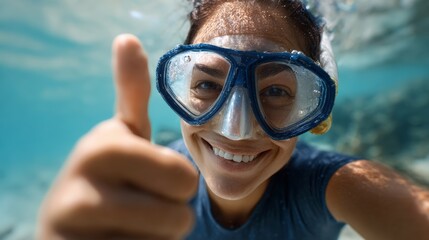 Fototapeta premium Smiling young woman snorkeling underwater wearing diving mask showing thumbs up gesture enjoying summer vacation watersports activity in tropical sea