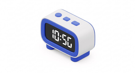 Modern Blue and White Digital Alarm Clock Displaying Time.