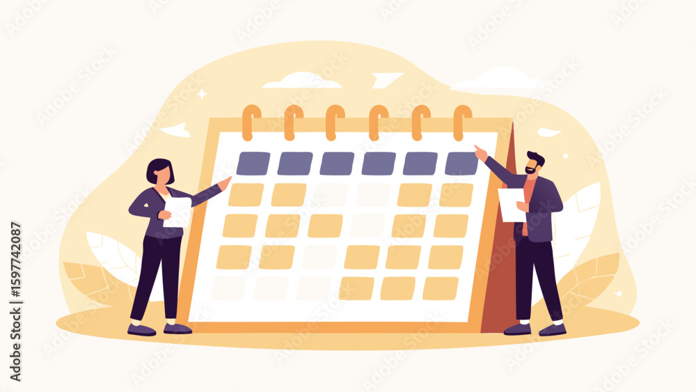 Aufkleber two people pointing at a large calendar with marked and unmarked days in a light colored design