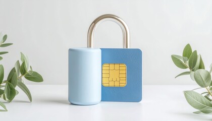 Blue And Silver Padlock Shaped Like Bank Card Chip Isolated On White Background With Leafy Green Branches