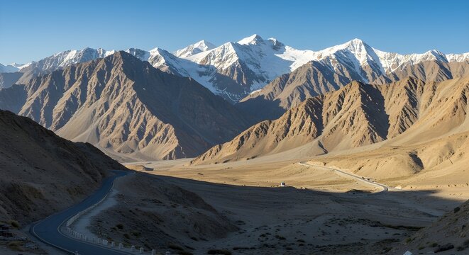 Spectacular Himalayas Viewed from Leh Ladakh Road &ndash; Majestic Mountain Peaks, Rugged Terrain, and Breathtaking Scenery on an Epic Himalayan Journey