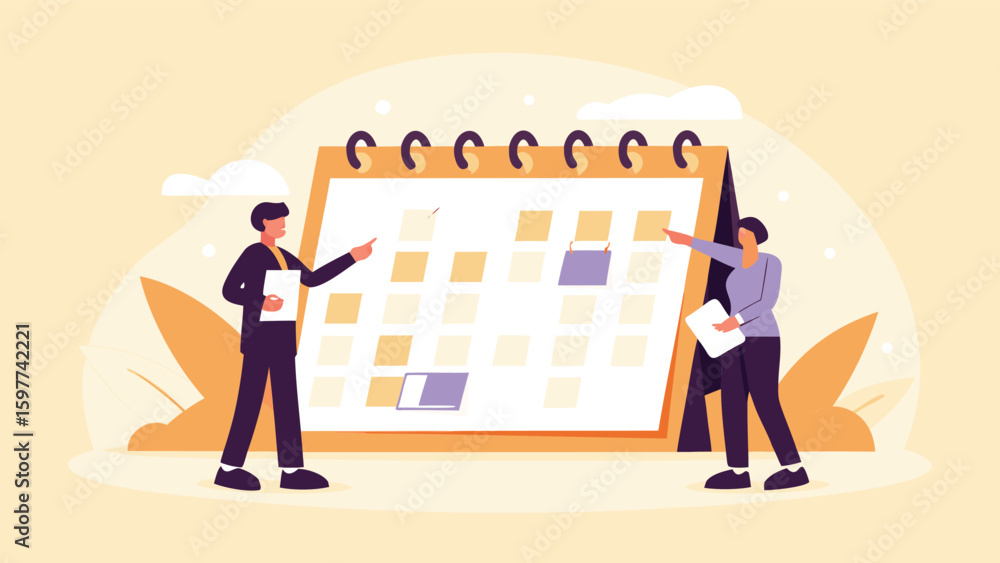 Aufkleber people pointing at a large calendar with marked dates in a planning or scheduling concept illustrati