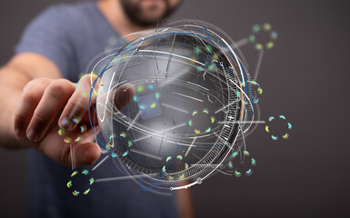 Close-up of a man's hand interacting with a futuristic digital globe, representing global network...