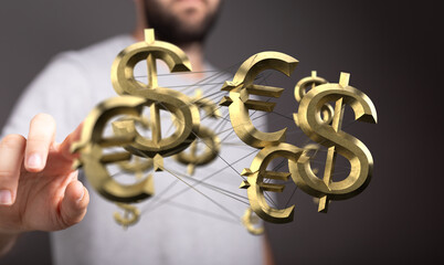 Image of interconnected dollar and euro currency symbols, representing global finance and exchange.