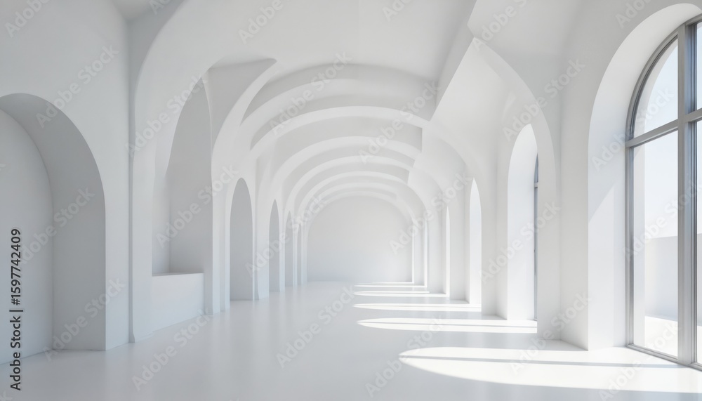 Poster sunlight streams through arches in bright, white modern hallway. clean lines, repeating geometric sh