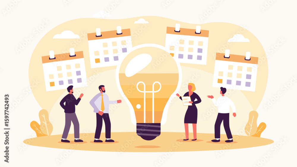 Aufkleber team brainstorming around a large lightbulb with calendar icons in the background design concept