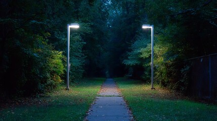 A serene evening walkway illuminated by streetlights, surrounded by lush greenery and a tranquil atmosphere.
