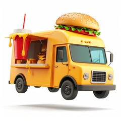 Cartoon Yellow Burger Truck Floating Against White Background with Dripping Cheese and Soda Cup Icon