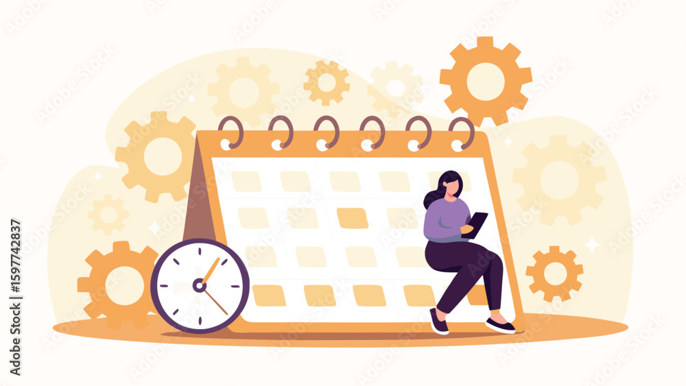 Aufkleber woman sits by calendar with clock and gears in background representing time management and planning 