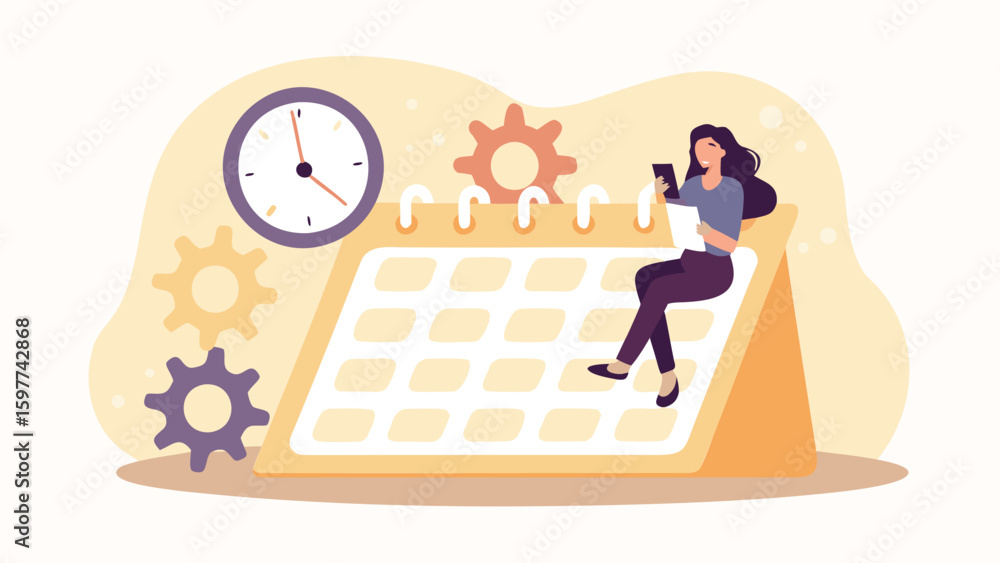 Poster woman sitting on a calendar with clock and gears in the background managing her schedule and tasks