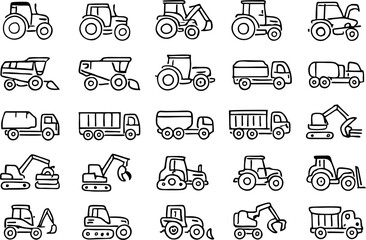 Fototapeta premium Transport, lifting machines, and vehicles vector icon set including cranes, forklifts, trucks, loaders, containers, and heavy equipment. Ideal for logistics, shipping, and industry use.