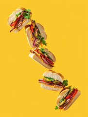 Vibrant and Colorful Sandwiches on Yellow Background