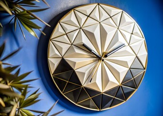 A striking geometric wall clock with gold frame and blue background
