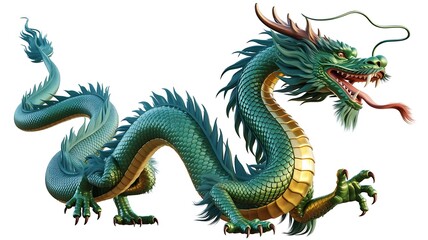 Fototapeta premium A vibrant turquoise chinese dragon, isolated on white background, embodies ancient folklore and mythical power