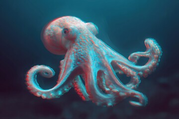 digital underwater scene featuring a realistic octopus with a unique anaglyph look, evoking fantasy and aquatic mystery