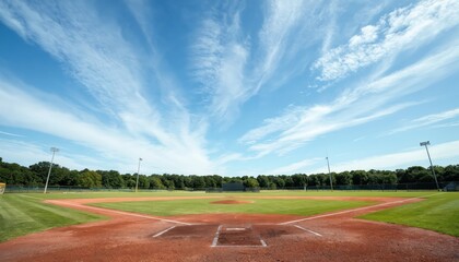 Baseball field under bright blue sky with scattered white clouds. Manicured green grass, red dirt diamond create classic sports landscape. Floodlights stand ready for evening games. Peaceful outdoor