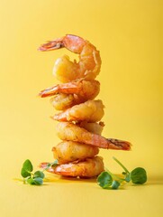Stacked Shrimp on a Yellow Background