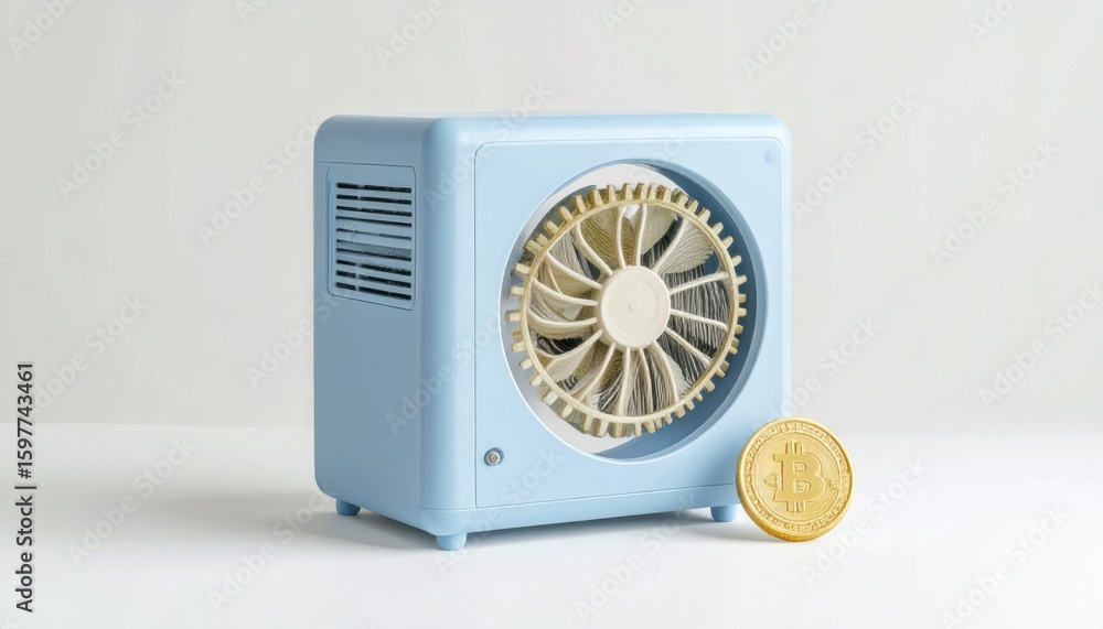 Poster digital 3d crypto mining rig with rotating gears and a gold bitcoin coin on a white background